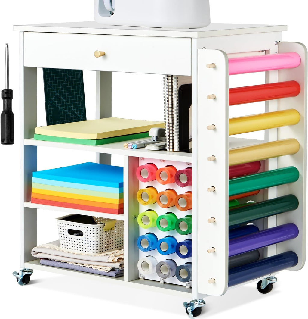Mobile Craft Storage with 23 Vinyl Roll Holder, Craft Table Stand with Wheels, Crafting Cabinet with Large Drawers T151