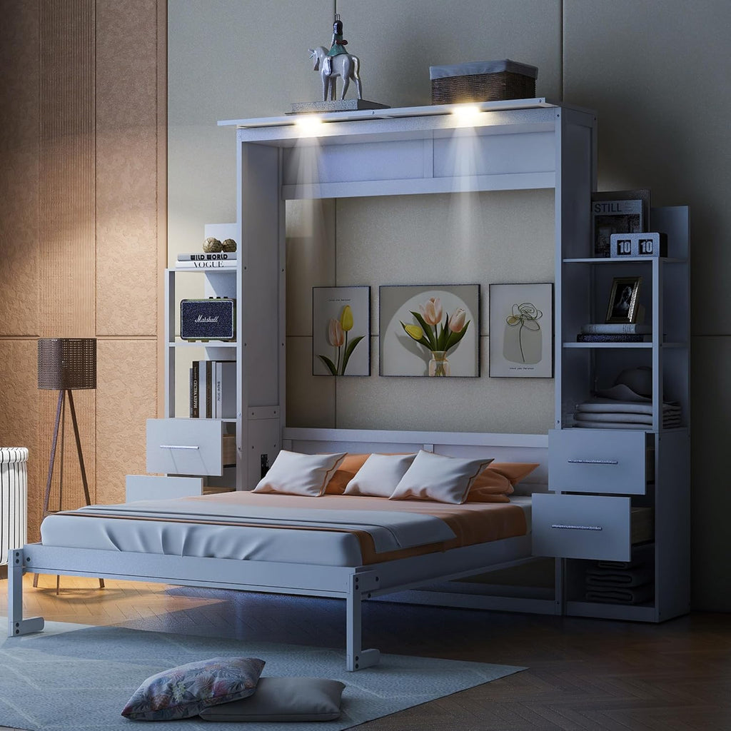 White Queen Size Murphy Wall Bed with Shelves, Drawers and LED Lights G1059