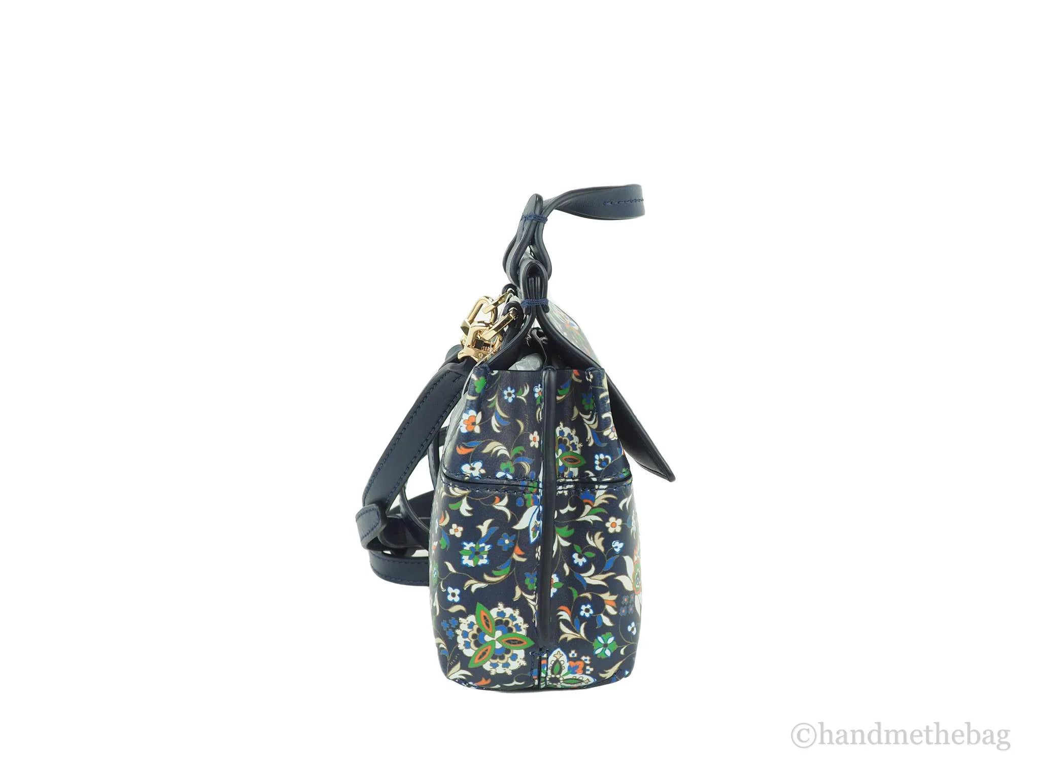 Navy Floral Leather Mini Satchel Crossbody Handbag C2611