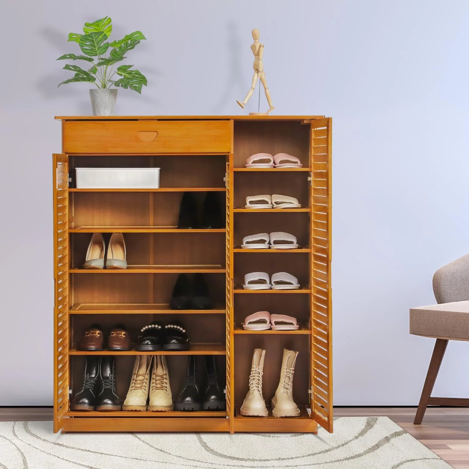 Bamboo Shoe Storage Cabinet With Drawer & Shutter Door Z11994