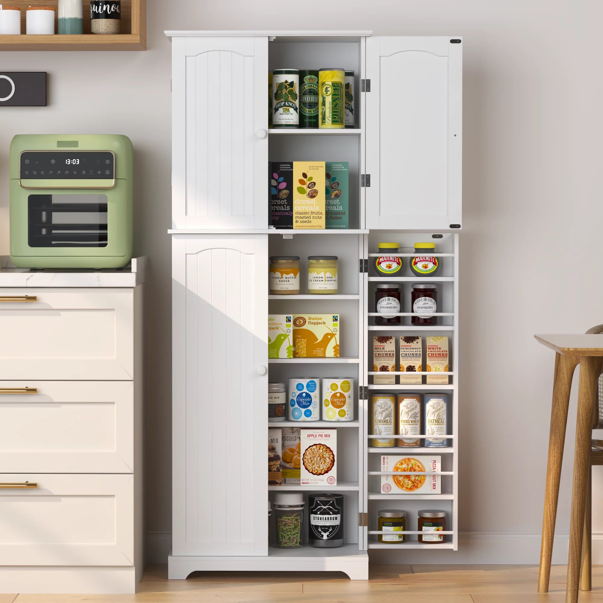 White Tall Kitchen Pantry Storage Cabinet with Doors and Shelves J824