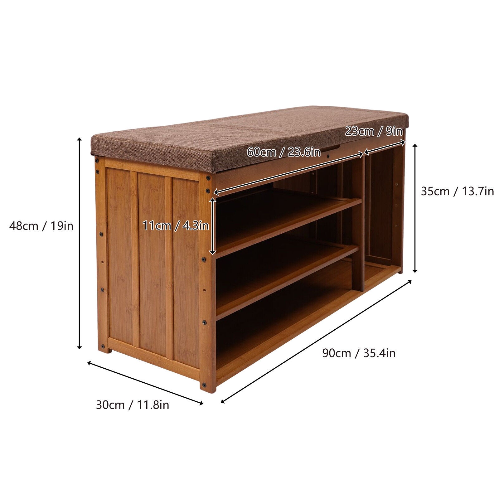 3 Tier Brown Bamboo Shoe Bench Storage Cabinet with Cushion H651713