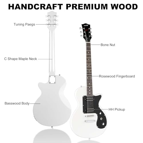 39 Inch Full Size Solid Body Electric Guitar Kit with HH Pickups, Gig Bag, Amplifier, Strap, Cable, Picks, String (White) U18151