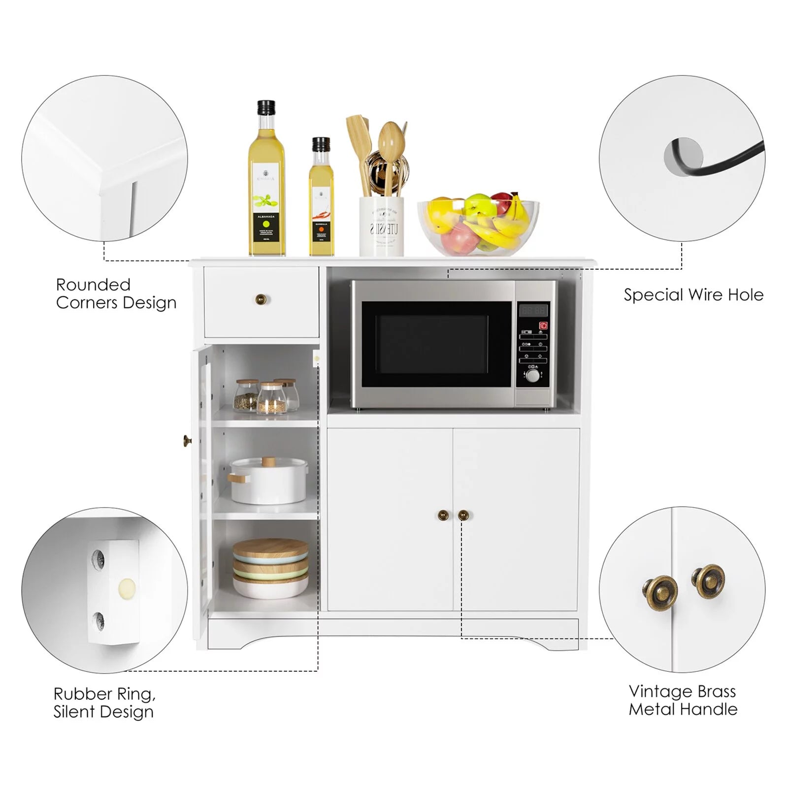 White Microwave Cabinet with Hutch and Adjustable Shelves and Drawer L617861