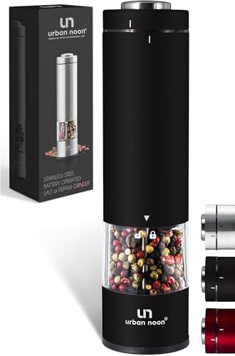 Electric Salt and Pepper Grinder Set - Battery Operated Stainless Steel Mill with Light (2 Black Mills) - Ceramic Grinders Q630