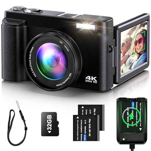 4K Digital Camera with 3'' 180° Flip Screen 16X Anti-Shake Compact Cameras with SD Card, Flash, 2 Batteries & Battery Charger U532288