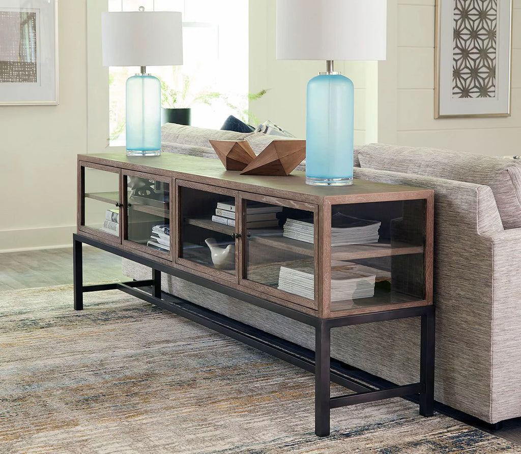 88-inch Glass Oak Display Console with Metal Base O266
