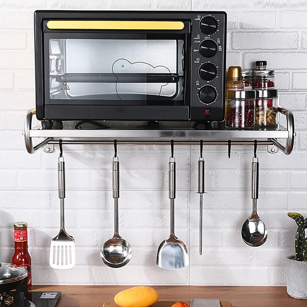 Stainless Steel Wall-Mount Microwave Oven Rack with 6x Hooks S889994