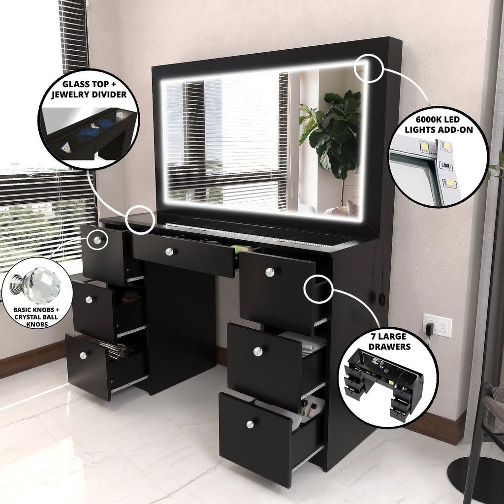 Black Vanity Desk with LED Lights, 7 Drawers, Mirror K873954