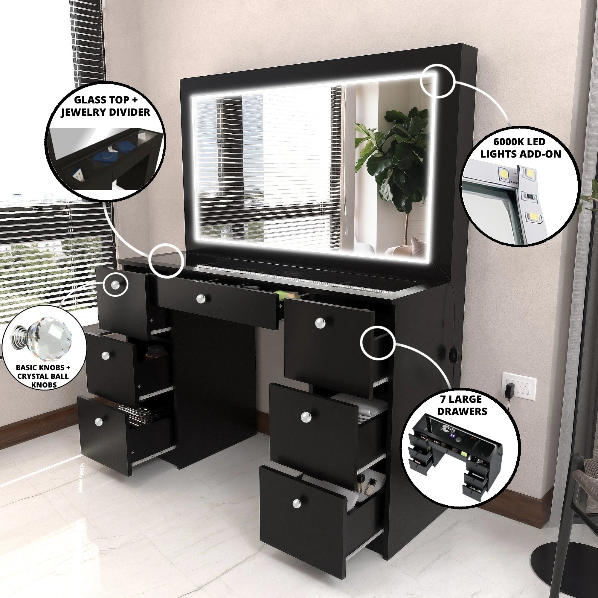Black Vanity Desk with LED Lights, 7 Drawers, Mirror K873954