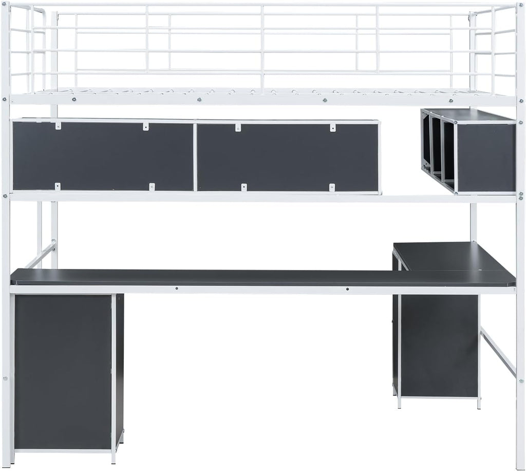 Full Size Metal Loft Bed with Bookcase and Desk N3752
