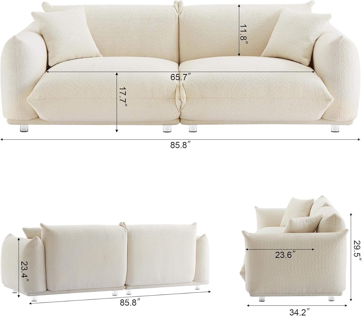 87" Oversized Sherpa Sofa with Metal Legs and 2 Pillows Q958712