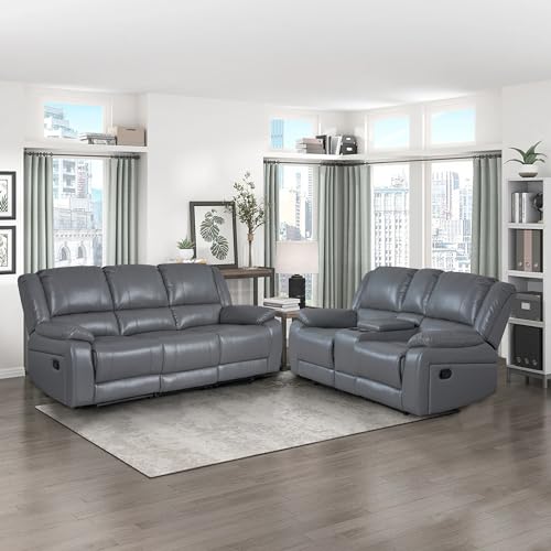 Black Faux Leather Recliner Sofa Set with Console and Cup Holders I797