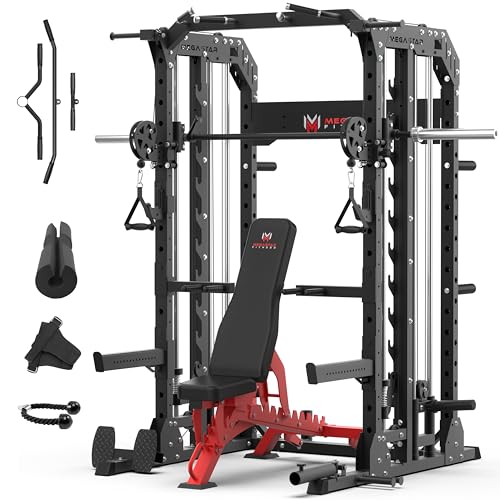 Smith Machine Home Gym with Aluminum Pulley Set - 2000lbs Capacity All-in-One Power Rack with Cable Crossover, Pull-Up Bar & Dip Station, Includes 18 Attachments X713371