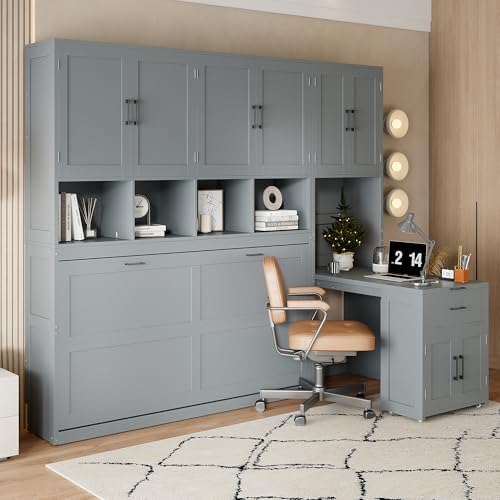 Queen Size White Murphy Bed with Desk Y926