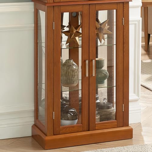 Oak Glass Display Cabinet with Lighted Mirrored Back Panel and Adjustable Shelves T615063