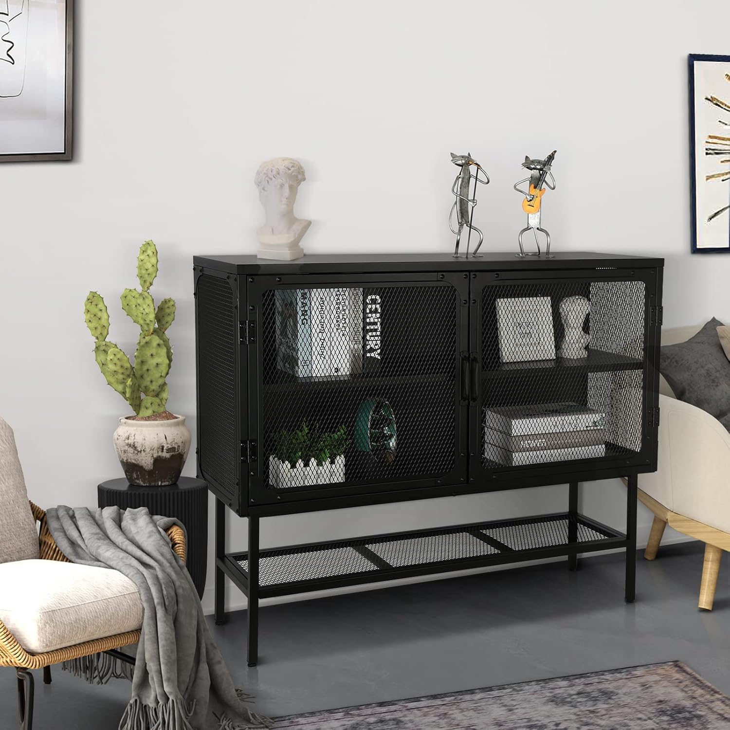 Industrial Cabinet Console Table with 2 Mesh Doors Adjustable Shelf and Feet Bottom Shelf Anti-Tip Dust-Free Kitchen Credenza Sideboard Frosted O592