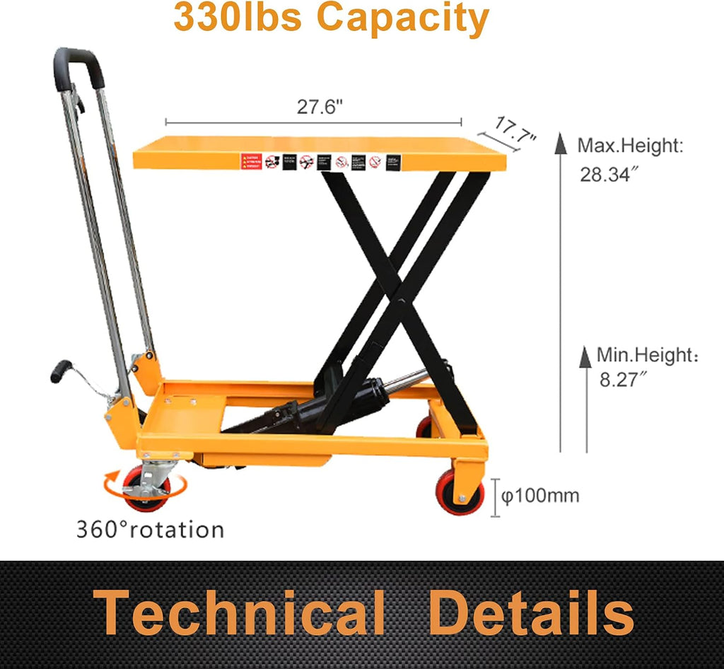 Hydraulic Lift Table Cart Manual Single Scissor Cart 330 lbs Capacity 28.3 Lifting Height Q87290