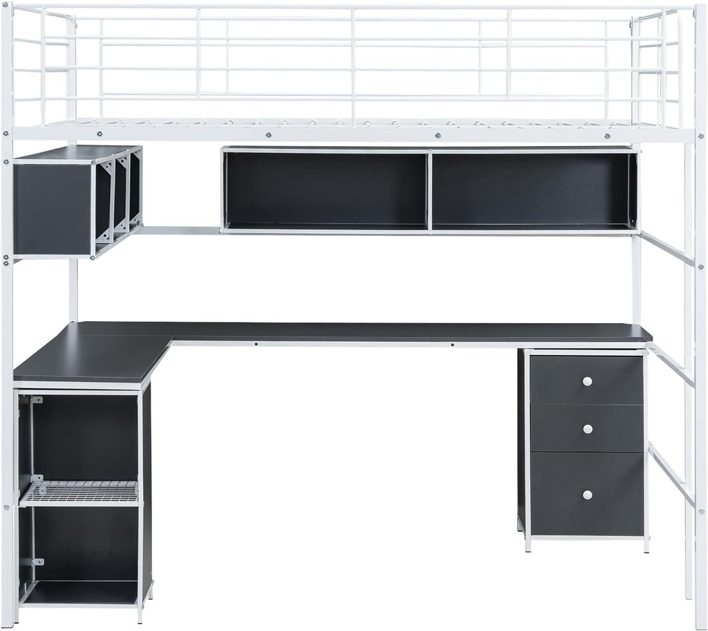 Full Size Metal Loft Bed with Bookcase and Desk N3752