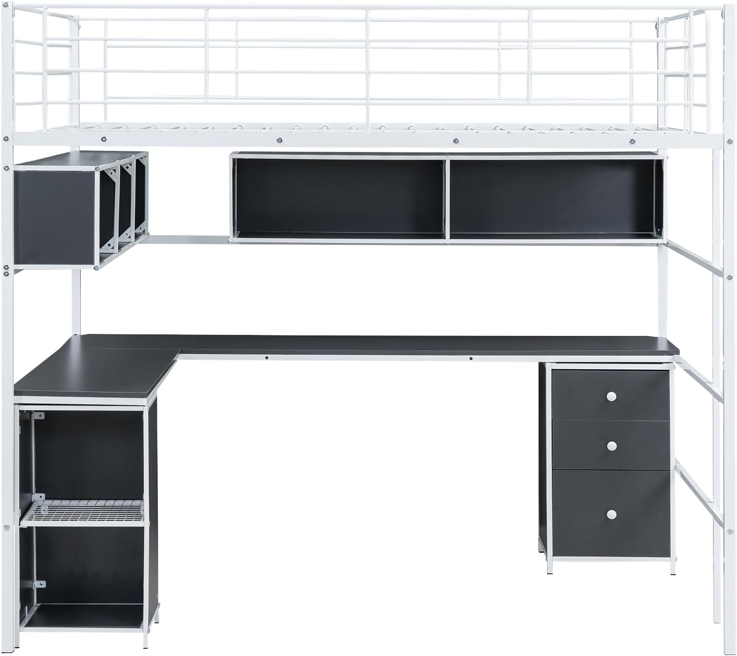 Full Size Metal Loft Bed with Bookcase and Desk N3752