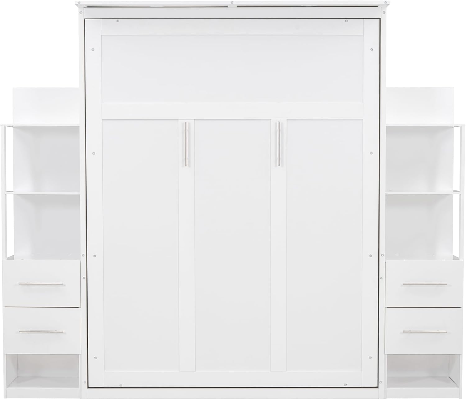 White Queen Size Murphy Wall Bed with Shelves, Drawers and LED Lights G1059