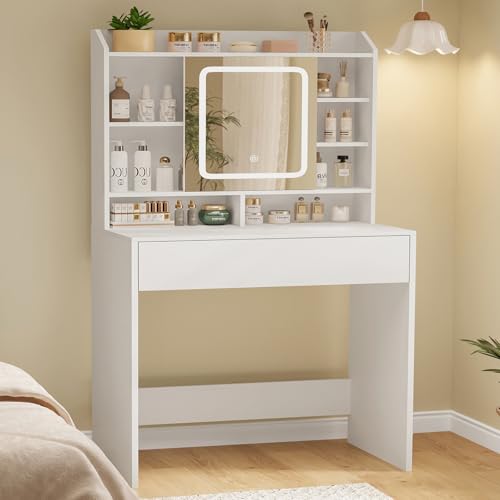 White Small Vanity Desk with Mirror and Lights, 1 Drawer & 3 Shelves D724