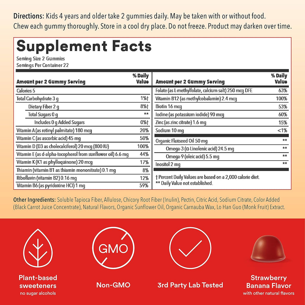 Sugar Free Kids Multivitamin Gummies with Omega 3, Vitamin D3, C & Fiber A901071