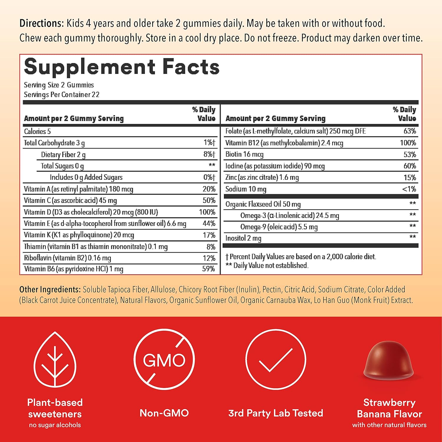 Sugar Free Kids Multivitamin Gummies with Omega 3, Vitamin D3, C & Fiber A901071
