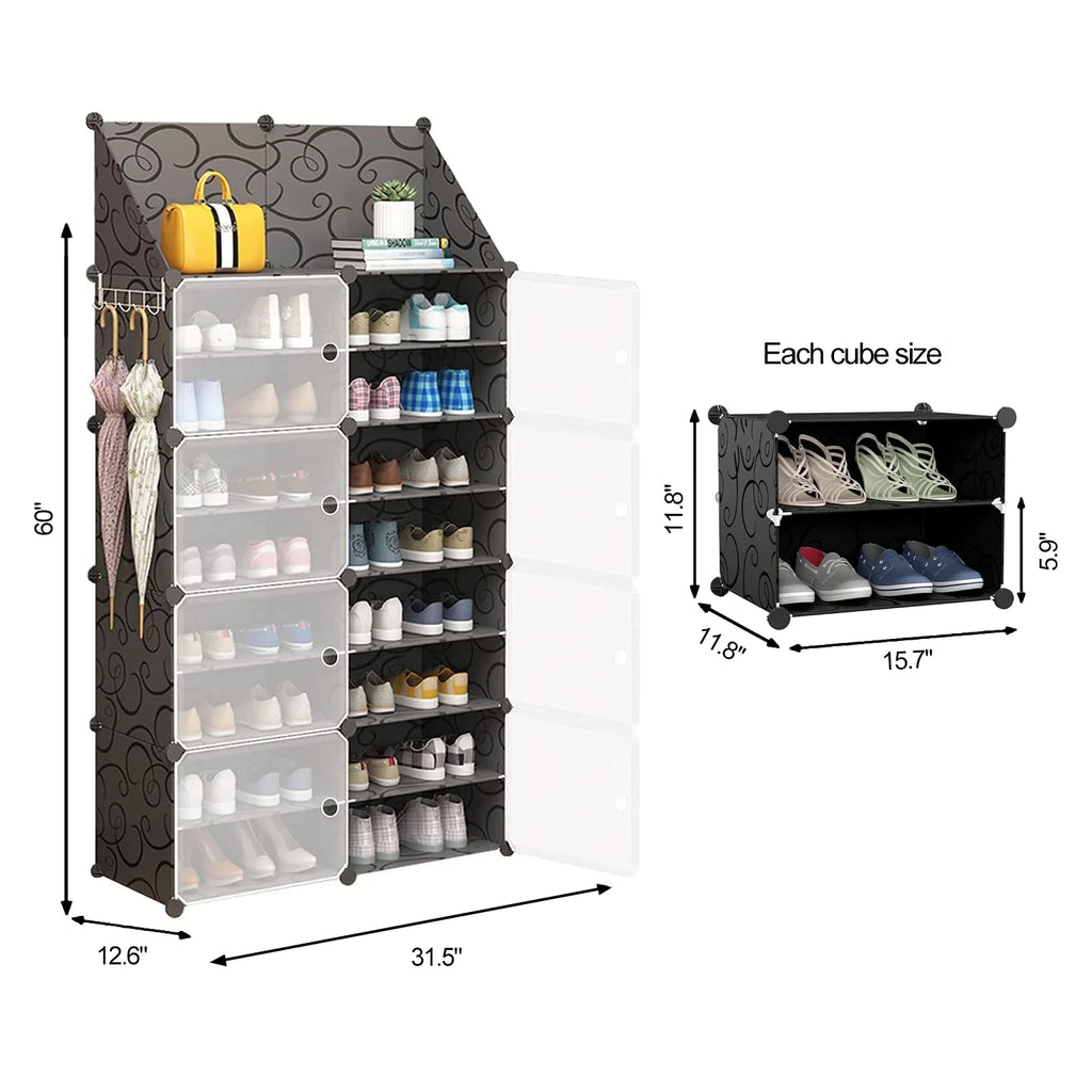 Black 8 Tier Plastic Shoe Storage Cabinet with Doors R1608