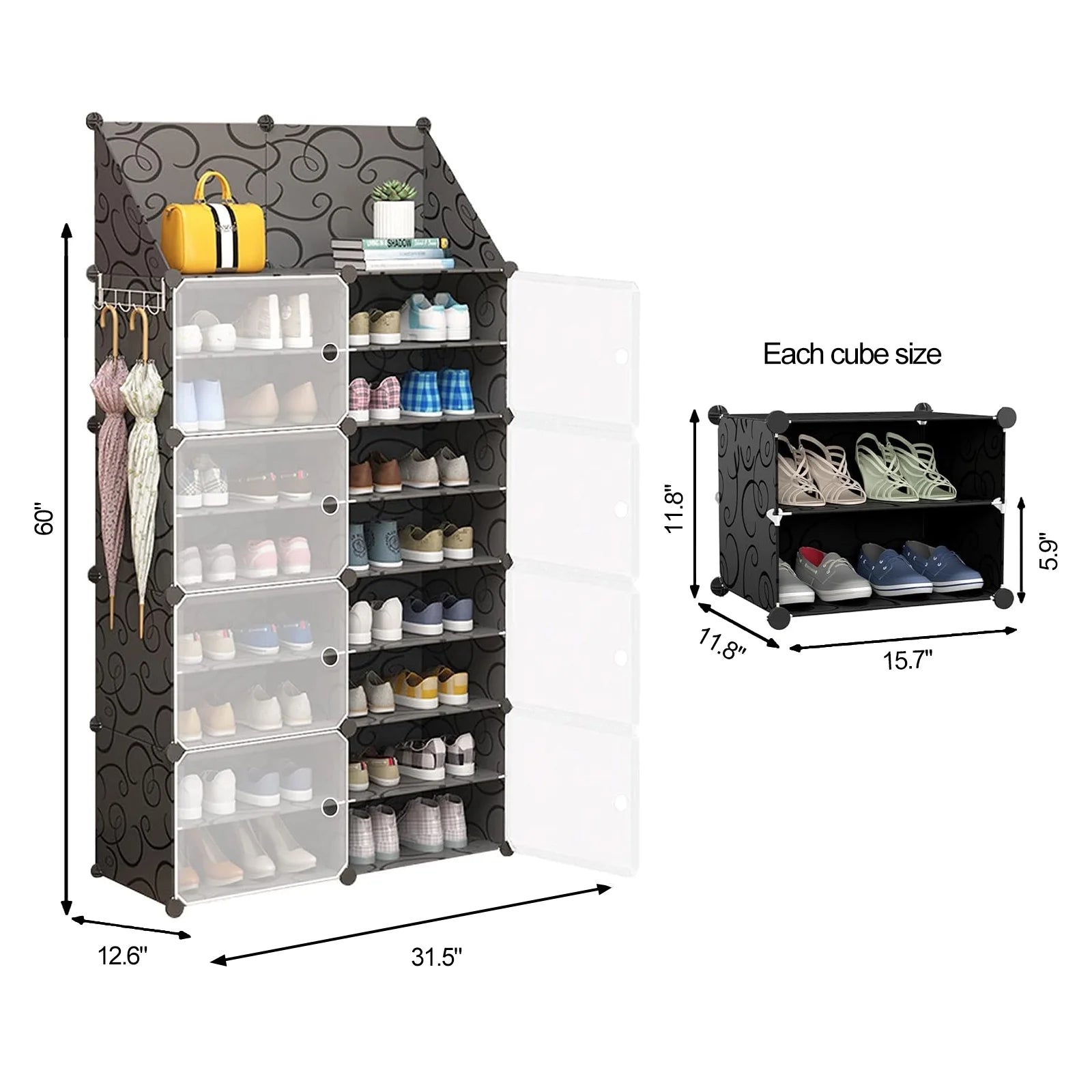 Black 8 Tier Plastic Shoe Storage Cabinet with Doors R1608