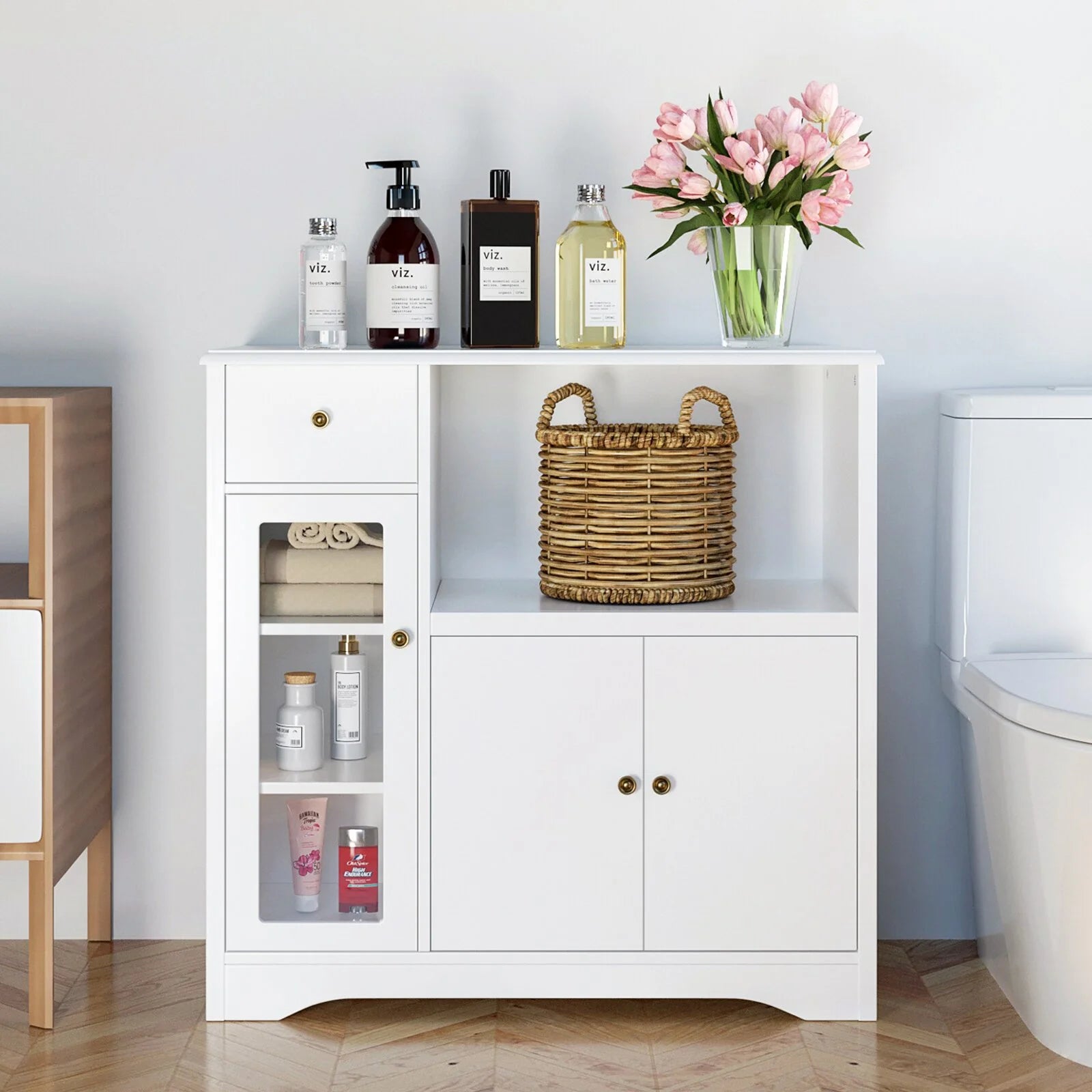 White Microwave Cabinet with Hutch and Adjustable Shelves and Drawer L617861