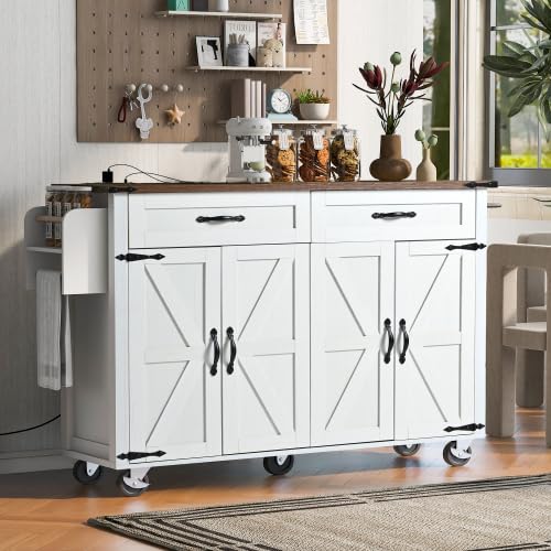 Black Kitchen Island with Storage Cabinet on Wheels, 53.5'' Mobile Kitchen Cart with Power Outlet, Drop Leaf, Spice Rack and Drawer M692