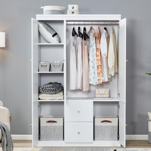 White 2 Door Wooden Armoire Wardrobe with Shelves N161