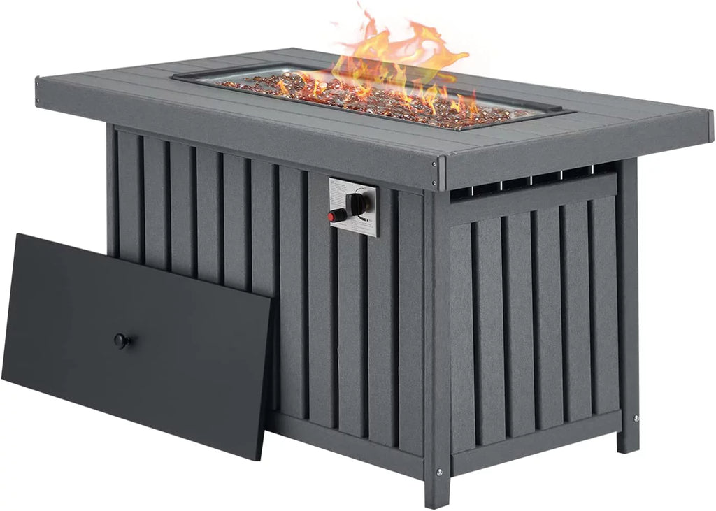 Gray 43 Inch HDPE Propane Fire Pit Table with Lid and Fire Glass J7544