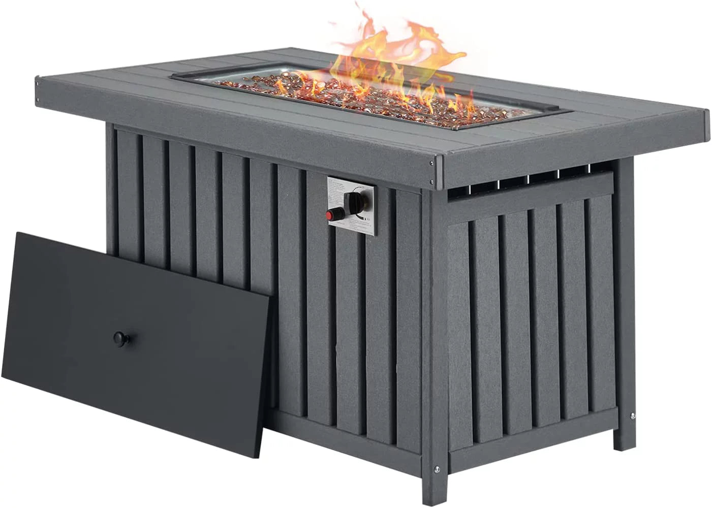 Gray 43 Inch HDPE Propane Fire Pit Table with Lid and Fire Glass J7544