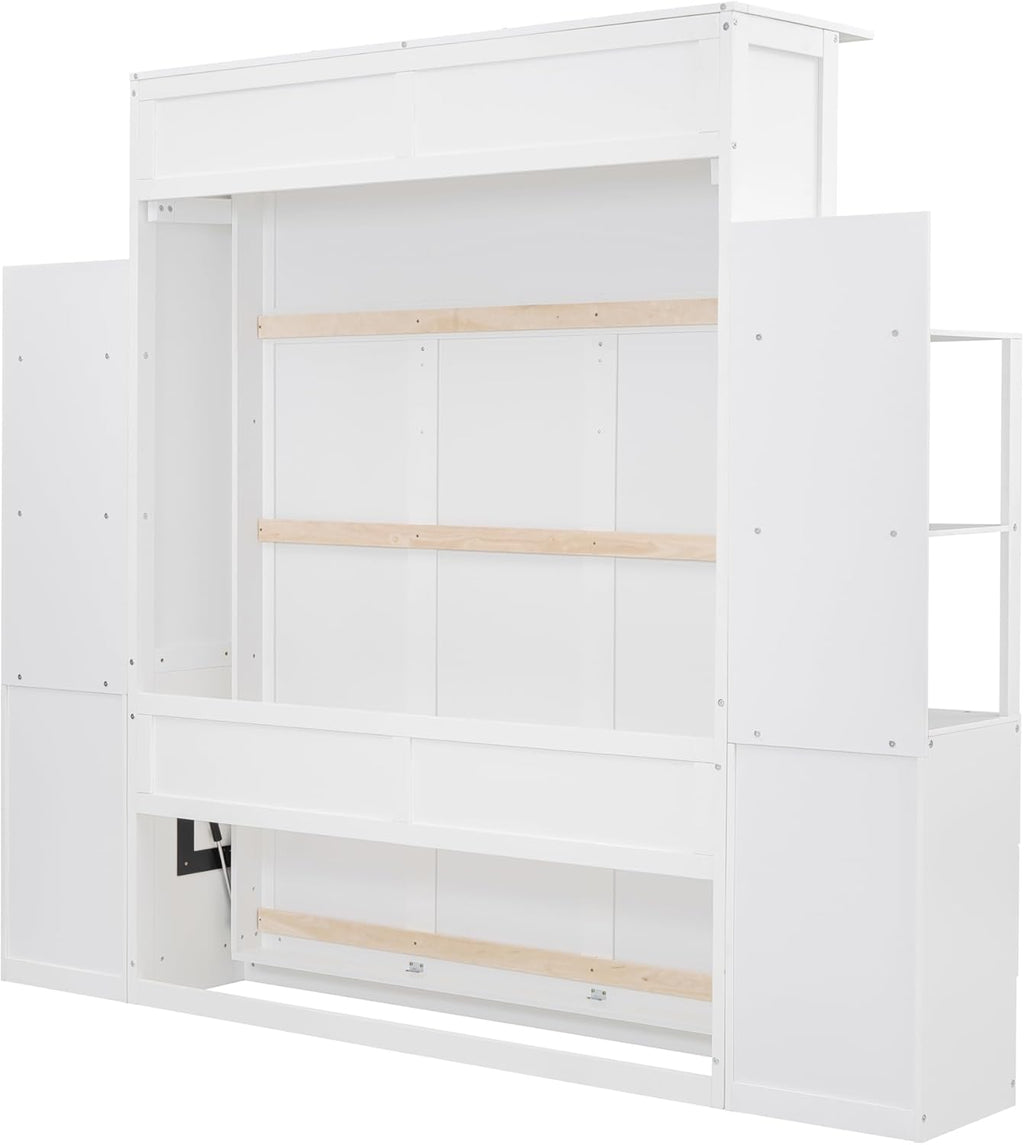 White Queen Size Murphy Wall Bed with Shelves, Drawers and LED Lights G1059