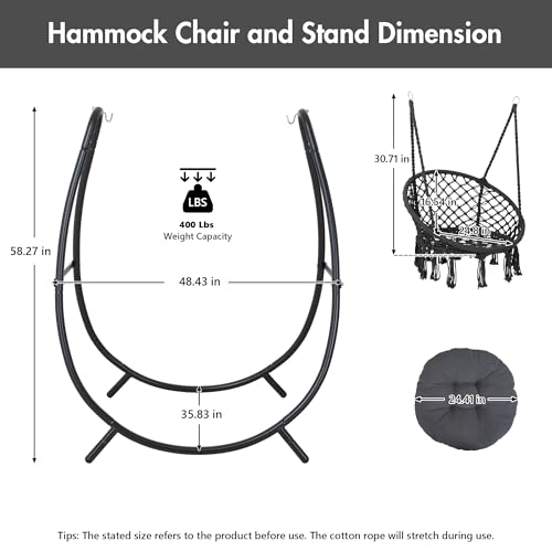 Macrame Hammock Chair with Stand, Heavy Duty Hanging Chair Stand, Includes Seat Cushion, Max 400 Lbs, Natural I447856