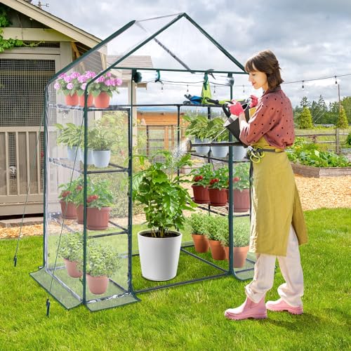 3 Tiers 4 Shelves Small Walk-In Greenhouse with Mesh Side Windows, 4.8x2.5x6.4 FT T2735