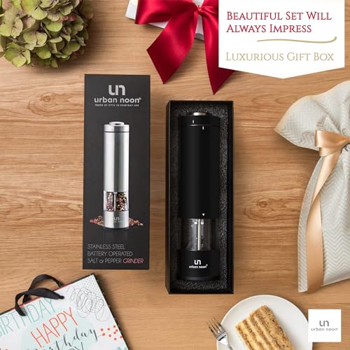 Electric Salt and Pepper Grinder Set - Battery Operated Stainless Steel Mill with Light (2 Black Mills) - Ceramic Grinders Q630