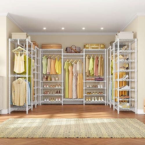 White Heavy Duty Garment Rack with Adjustable Shoe Rack Wire Shelf P115554