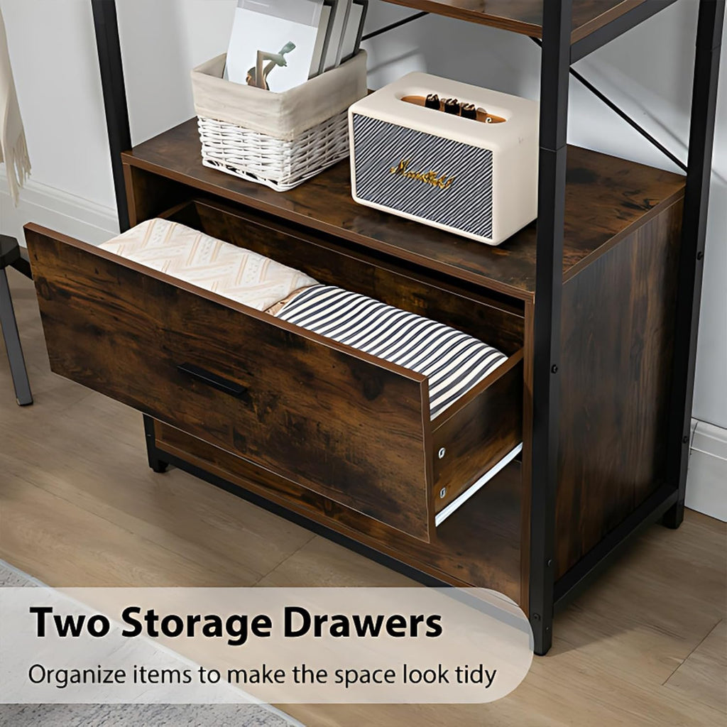 Tall Bookshelf with File Cabinet Drawers, Standing Shelf Units with Storage, Wooden Bookshelves, Vintage Brown O62361
