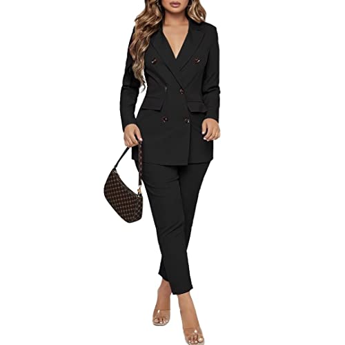 Women Double Breasted Blazer Set 2 Piece Pants Outfits Long Sleeve Suit Set X825