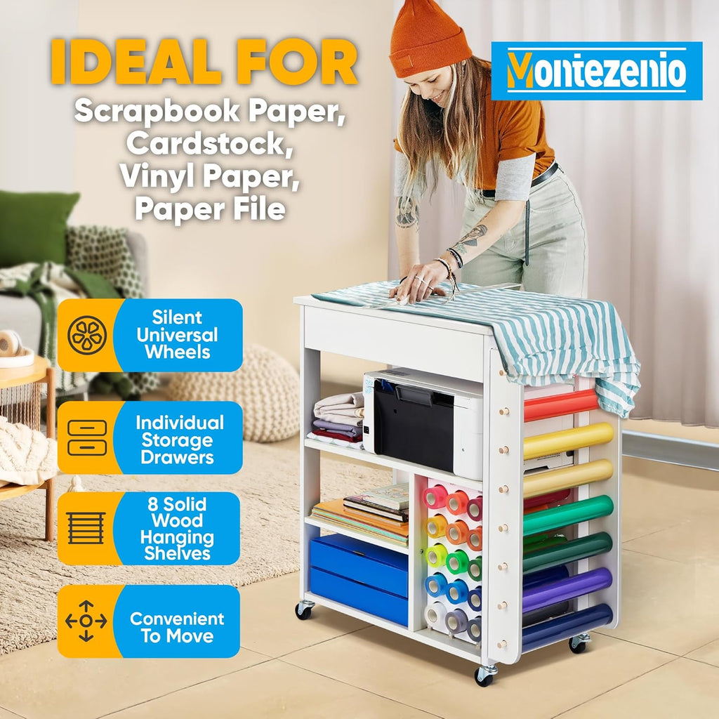 Mobile Craft Storage with 23 Vinyl Roll Holder, Craft Table Stand with Wheels, Crafting Cabinet with Large Drawers T151