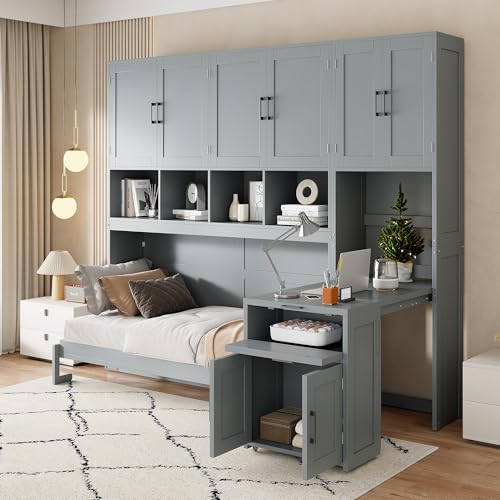 Queen Size White Murphy Bed with Desk Y926