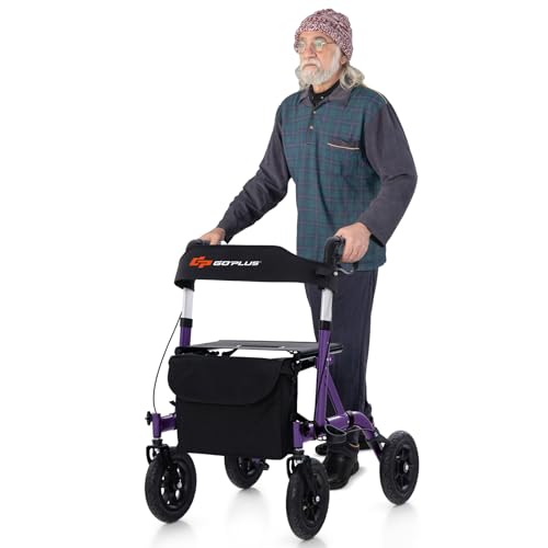 Foldable Rollator Walker with Seat, 9.5" All Terrain Pneumatic Wheel, Heavy Duty A73476
