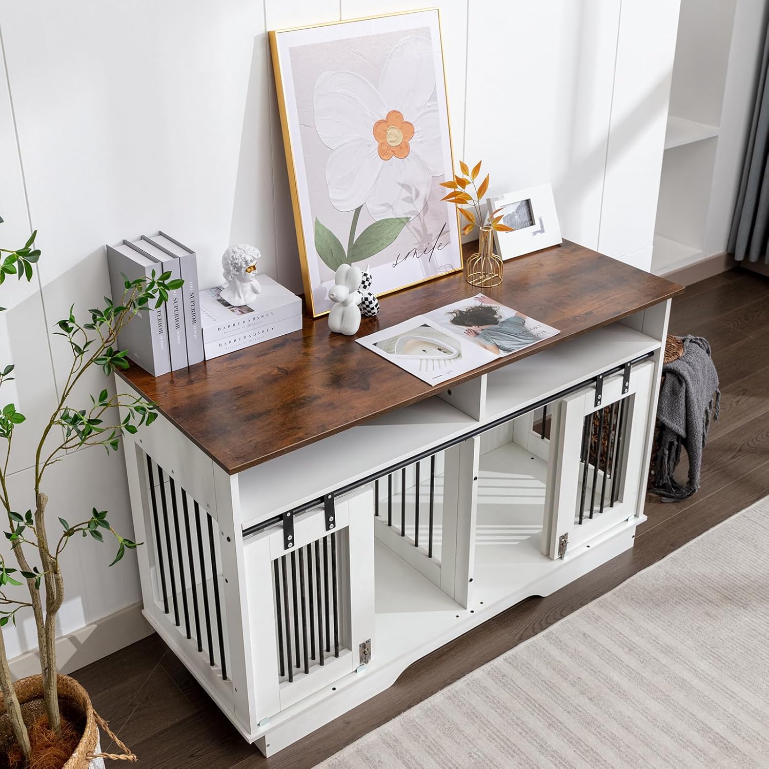White Wooden Double Dog Crate Furniture with Drawers A98359