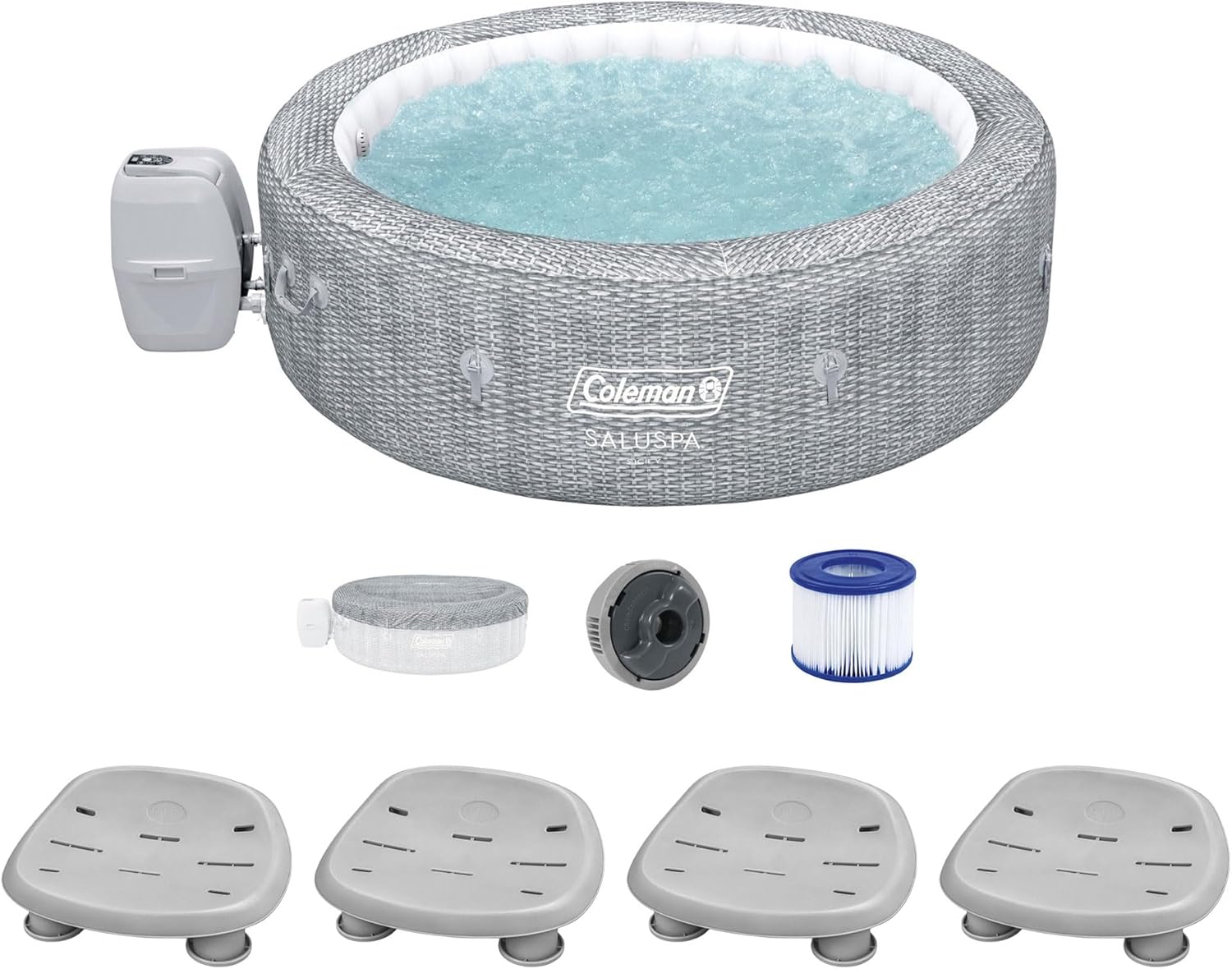 Gray Inflatable Round Hot Tub with Cover & 4 Non-Slip Pool Spa Seat D68976