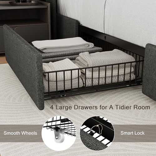 Black Queen Upholstered Platform Bed Frame with 4 Storage Drawers S831550