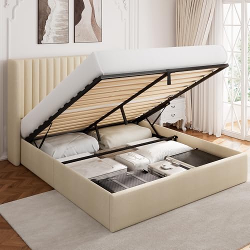 White Upholstered Lift Up Storage Bed with Wingback Headboard F35904