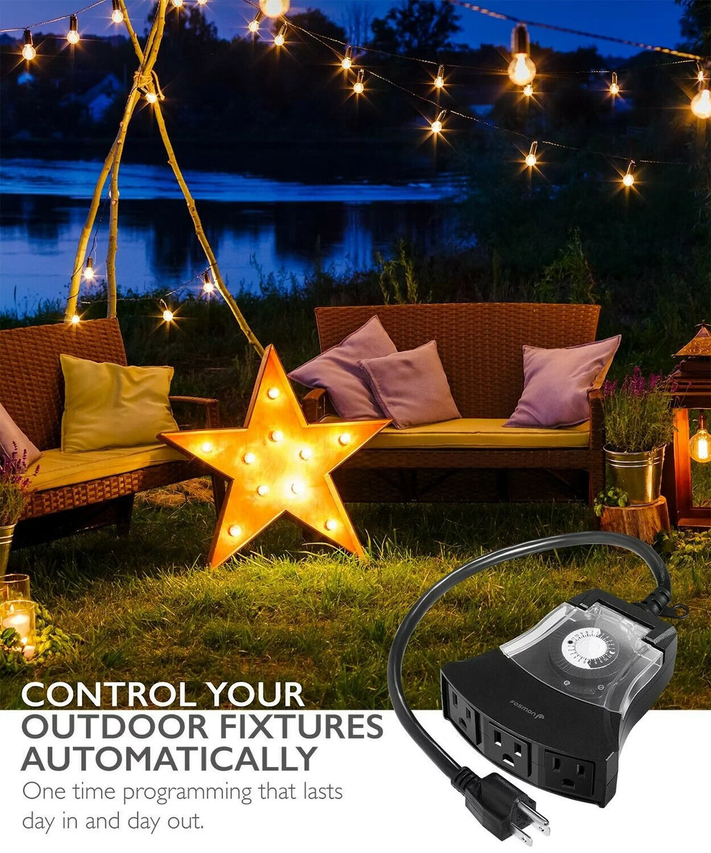 24 Hour Outdoor Mechanical 3 Outlet Timer Weatherproof Automatic Switch Light Y689196